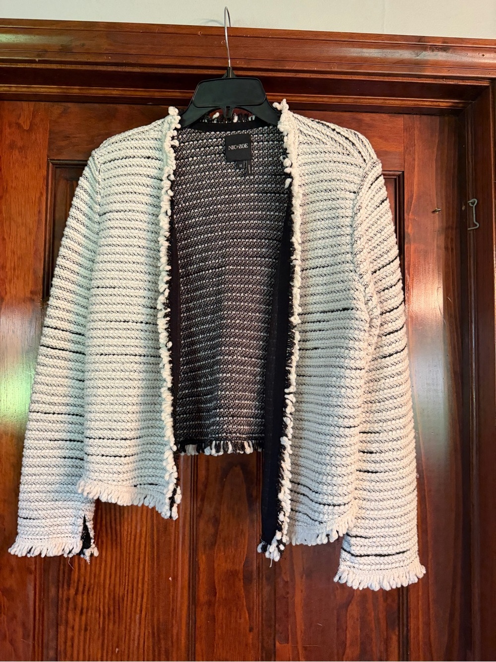 NIC+ZOE Ivory and Black Open-Front Fringe-Trim Cardigan